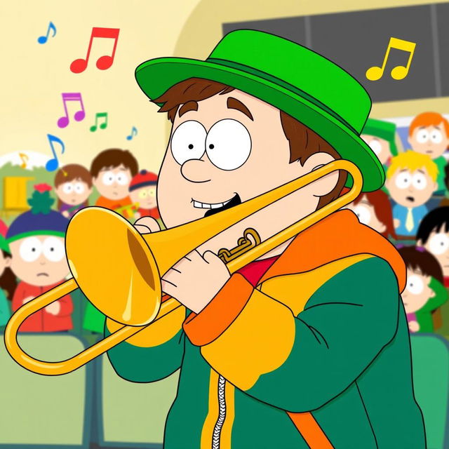 A cartoon-style illustration of Kyle Broflovski from South Park enthusiastically playing a trombone