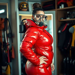 A strikingly attractive woman with an ample figure, clad in a shiny red puffy cold water immersion suit that accentuates her curves beautifully