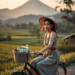 A beautiful, elegant, and alluring 23-year-old woman of noble descent from Solo, selling traditional herbal medicine while riding an old-fashioned bicycle through a rural village