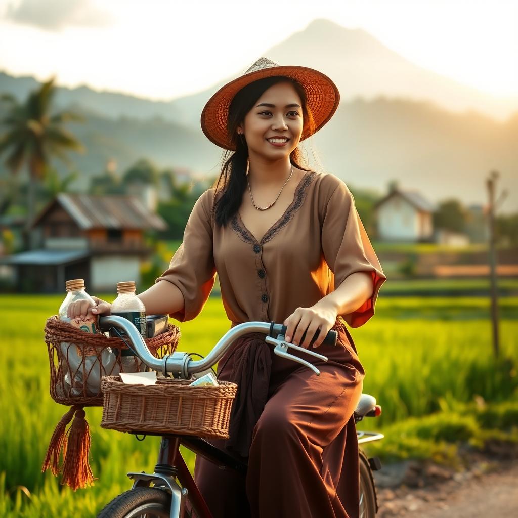 A beautiful, elegant, and alluring 23-year-old woman of noble descent from Solo, selling traditional herbal medicine while riding an old-fashioned bicycle through a rural village