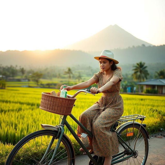 A beautiful, elegant, and alluring 23-year-old woman of noble descent from Solo, selling traditional herbal medicine while riding an old-fashioned bicycle through a rural village