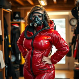 An attractive woman with a voluptuous figure, dressed in a shiny red puffy cold water immersion suit that accentuates her curves beautifully