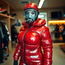 An attractive woman with a voluptuous figure, dressed in a shiny red puffy cold water immersion suit that accentuates her curves beautifully