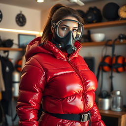 An attractive woman with a voluptuous figure, dressed in a shiny red puffy cold water immersion suit that accentuates her curves beautifully