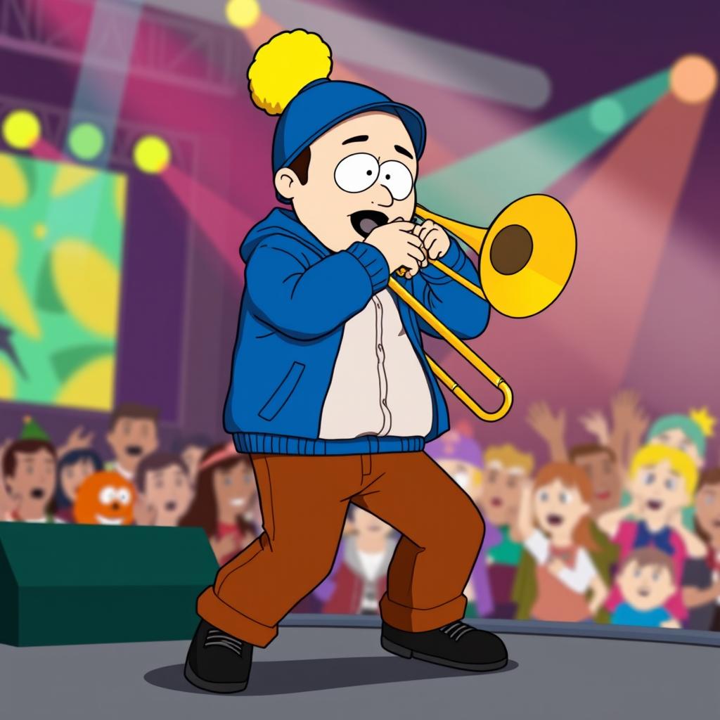 A dynamic, full-body illustration of Craig Tucker from the animated series South Park, depicted in an energetic pose while playing a trombone on stage