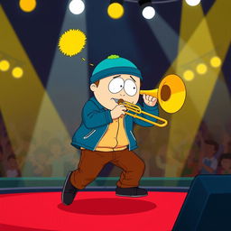 A dynamic, full-body illustration of Craig Tucker from the animated series South Park, depicted in an energetic pose while playing a trombone on stage