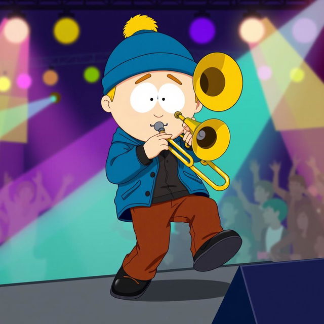 A dynamic, full-body illustration of Craig Tucker from the animated series South Park, depicted in an energetic pose while playing a trombone on stage