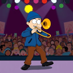 A dynamic, full-body illustration of Craig Tucker from the animated series South Park, depicted in an energetic pose while playing a trombone on stage
