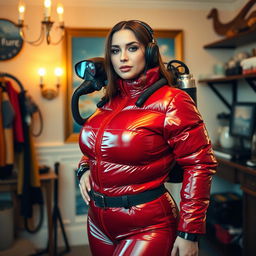 An alluring woman with a curvy figure, wearing a shiny red puffy cold water immersion suit that perfectly highlights her ample chest