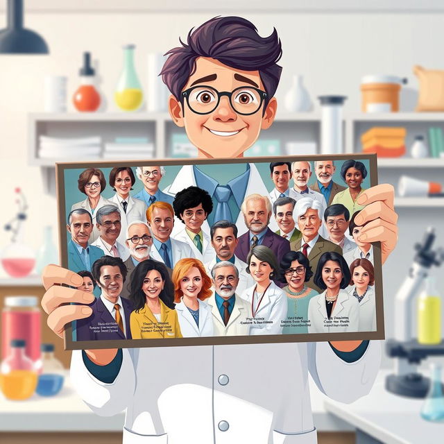 A beautifully illustrated scene featuring a scientist holding a photograph that captures all the influential scientists who contributed to cancer research