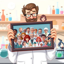 A beautifully illustrated scene featuring a scientist holding a photograph that captures all the influential scientists who contributed to cancer research