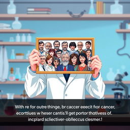 A beautifully illustrated scene featuring a scientist holding a photograph that captures all the influential scientists who contributed to cancer research
