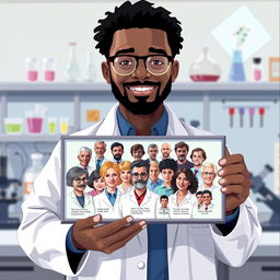 A beautifully illustrated scene featuring a scientist holding a photograph that captures all the influential scientists who contributed to cancer research