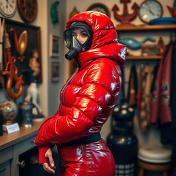 An appealing woman with an hourglass figure, dressed in a shiny red puffy cold water immersion suit that accentuates her curves
