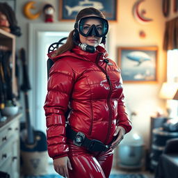 An appealing woman with an hourglass figure, dressed in a shiny red puffy cold water immersion suit that accentuates her curves