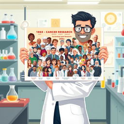 A beautifully illustrated scene featuring a modern-day scientist holding a large, vibrant photograph that encapsulates all the influential scientists and researchers who contributed to cancer research from 1665 to the 21st century