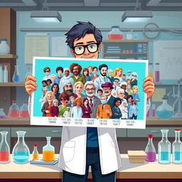 A beautifully illustrated scene featuring a modern-day scientist holding a large, vibrant photograph that encapsulates all the influential scientists and researchers who contributed to cancer research from 1665 to the 21st century