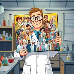 A beautifully illustrated scene featuring a modern-day scientist holding a large, vibrant photograph that encapsulates all the influential scientists and researchers who contributed to cancer research from 1665 to the 21st century