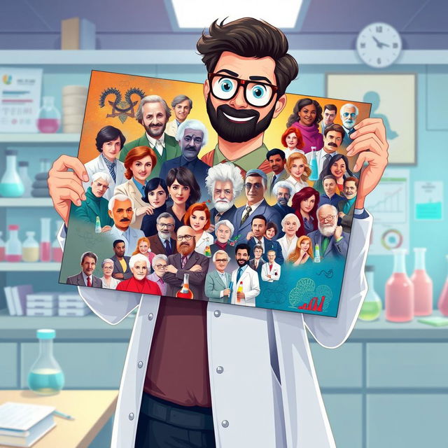 A beautifully illustrated scene featuring a modern-day scientist holding a large, vibrant photograph that encapsulates all the influential scientists and researchers who contributed to cancer research from 1665 to the 21st century