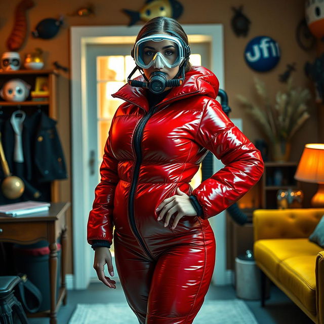 A stunning woman with an hourglass figure, clad in a shiny red puffy cold water immersion suit that emphasizes her curves