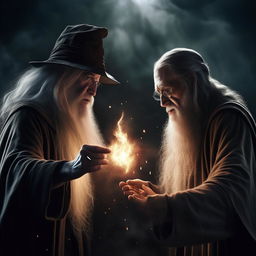 Albus Dumbledore from Harry Potter and Gandalf from Lord of the Rings fiercely engaged in a magical duel, with dramatic lighting and intense expressions.