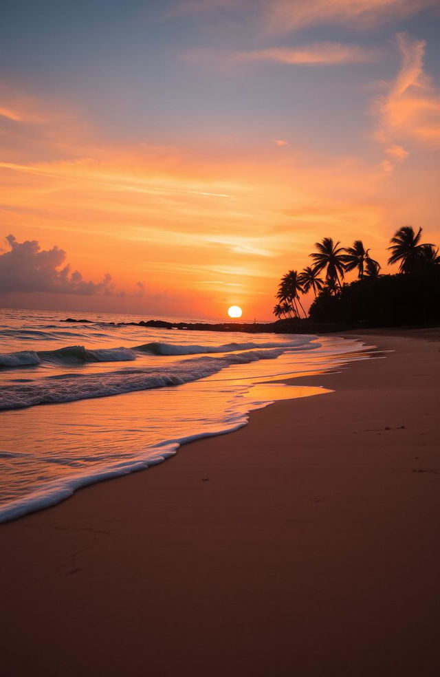 A stunning beach scene at dusk featuring a vibrant orange sky, often referred to as 'langit jingga', with the sun setting on the horizon