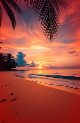 A stunning beach scene at dusk featuring a vibrant orange sky, often referred to as 'langit jingga', with the sun setting on the horizon
