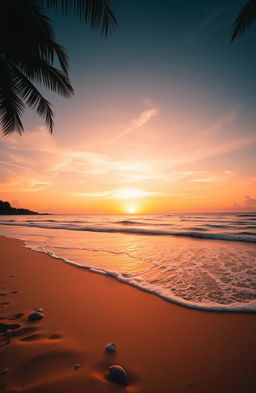 A stunning beach scene at dusk featuring a vibrant orange sky, often referred to as 'langit jingga', with the sun setting on the horizon