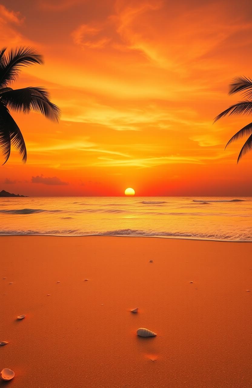 A stunning beach scene at dusk featuring a vibrant orange sky, often referred to as 'langit jingga', with the sun setting on the horizon