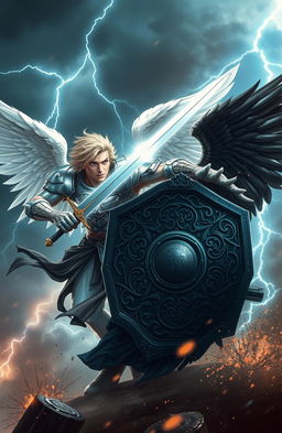 A dramatic scene featuring two celestial angels engaged in an intense battle