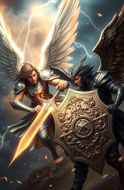 A dramatic scene featuring two celestial angels engaged in an intense battle
