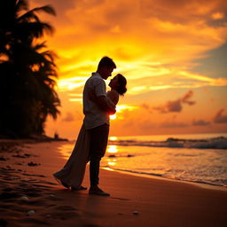 A romantic scene of a couple standing under a vibrant orange sky, known as 'langit jingga', at the edge of a beach during sunset