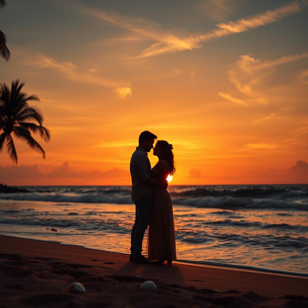 A romantic scene of a couple standing under a vibrant orange sky, known as 'langit jingga', at the edge of a beach during sunset