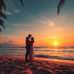 A romantic scene of a couple standing under a vibrant orange sky, known as 'langit jingga', at the edge of a beach during sunset