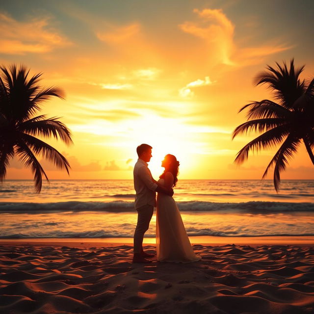 A romantic scene of a couple standing under a vibrant orange sky, known as 'langit jingga', at the edge of a beach during sunset