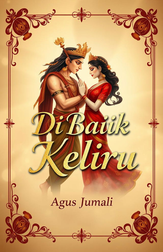 A beautifully designed poetry book cover for 'Di Balik Keliru' by Agus Jumali featuring famous Indonesian wayang characters Arjuna and Siti Dewi or Rama and Shinta in a romantic pose