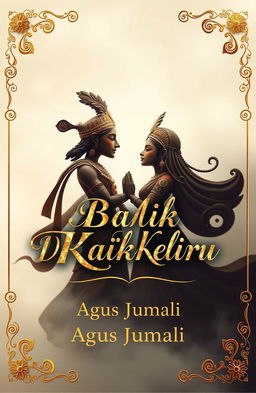 A beautifully designed poetry book cover for 'Di Balik Keliru' by Agus Jumali featuring famous Indonesian wayang characters Arjuna and Siti Dewi or Rama and Shinta in a romantic pose