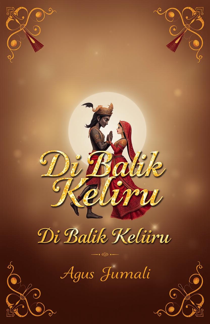 A beautifully designed poetry book cover for 'Di Balik Keliru' by Agus Jumali featuring famous Indonesian wayang characters Arjuna and Siti Dewi or Rama and Shinta in a romantic pose