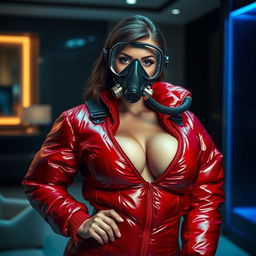 A stunning woman with a voluptuous figure is elegantly posed in a shiny red puffy cold water immersion suit, showcasing her big cleavage