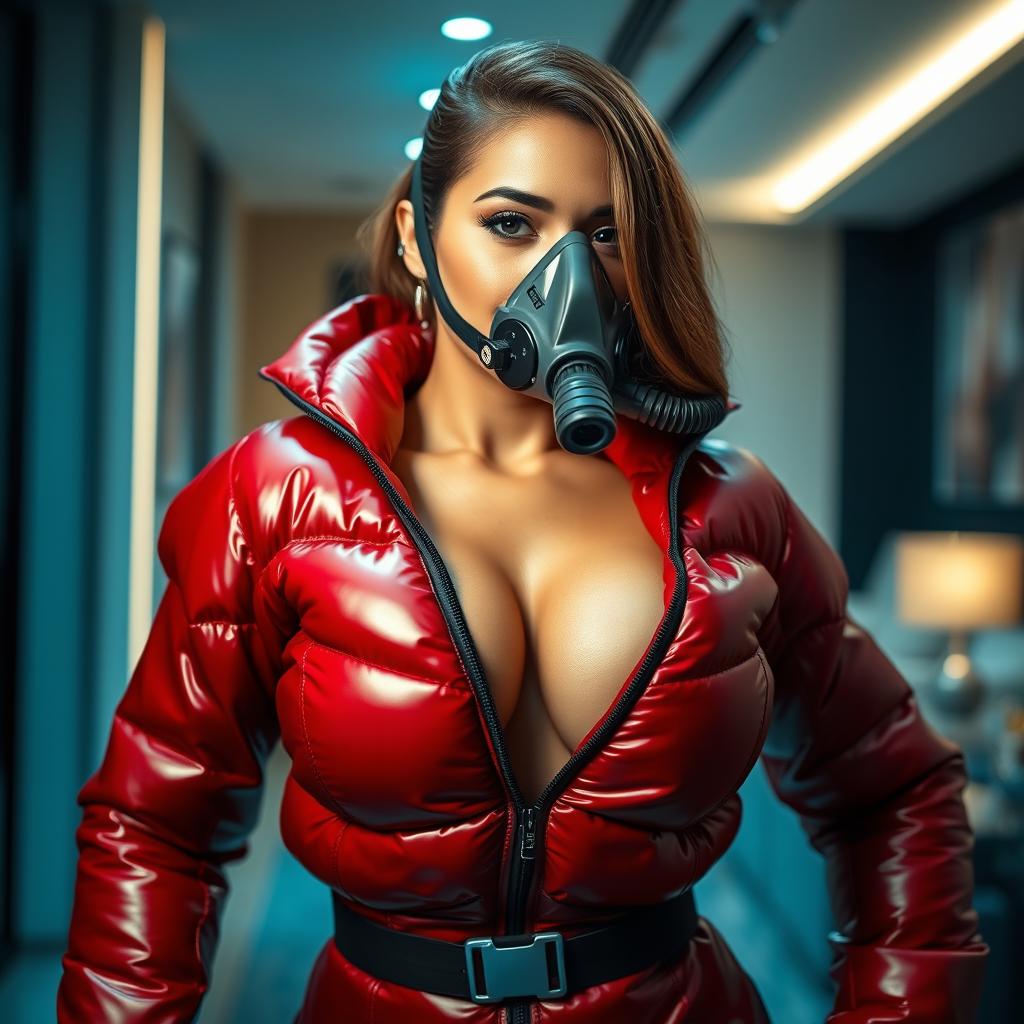 A stunning woman with a voluptuous figure is elegantly posed in a shiny red puffy cold water immersion suit, showcasing her big cleavage