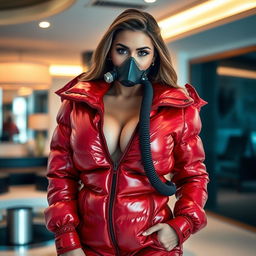 A stunning woman with a voluptuous figure is elegantly posed in a shiny red puffy cold water immersion suit, showcasing her big cleavage