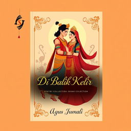 A beautiful book cover for the poetry collection 'Di Balik Kelir' by Agus Jumali, featuring famous wayang characters like Arjuna and Siti Dewi or Rama and Shinta in a romantic pose