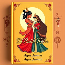 A beautiful book cover for the poetry collection 'Di Balik Kelir' by Agus Jumali, featuring famous wayang characters like Arjuna and Siti Dewi or Rama and Shinta in a romantic pose