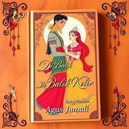 A beautiful book cover for the poetry collection 'Di Balik Kelir' by Agus Jumali, featuring famous wayang characters like Arjuna and Siti Dewi or Rama and Shinta in a romantic pose