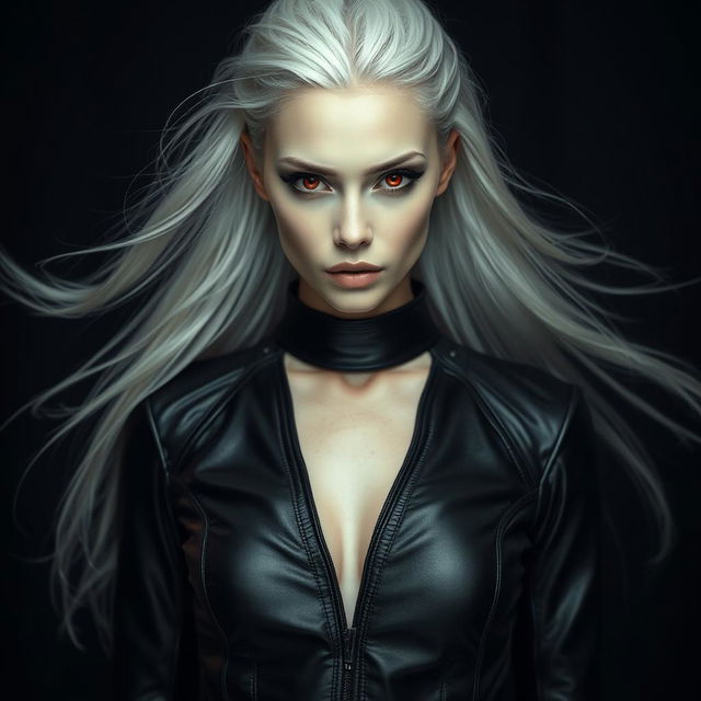 A striking shadar-kai woman with flowing white hair, her pale skin contrasting sharply with her deep red eyes