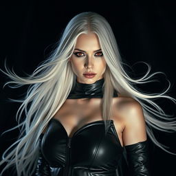 A striking shadar-kai woman with flowing white hair, her pale skin contrasting sharply with her deep red eyes