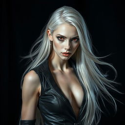 A striking shadar-kai woman with flowing white hair, her pale skin contrasting sharply with her deep red eyes