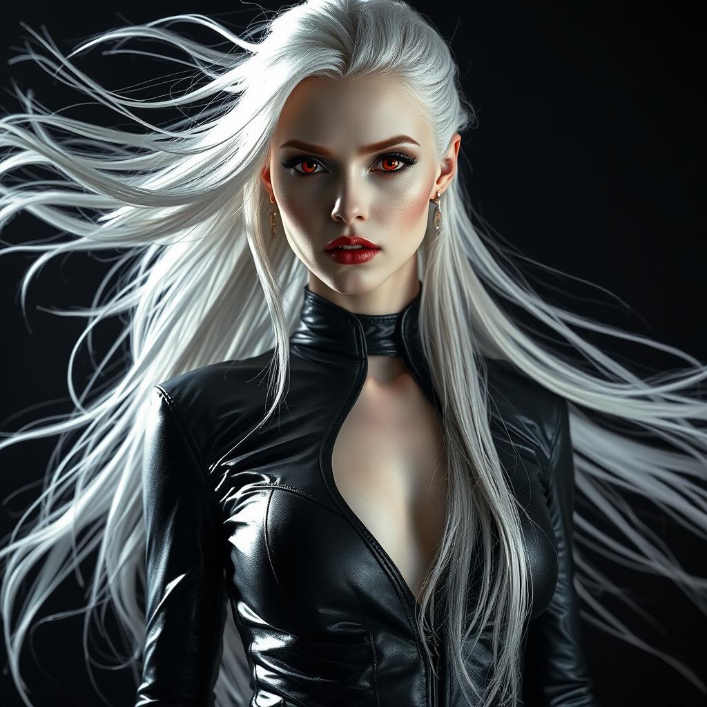 A striking shadar-kai woman with flowing white hair, her pale skin contrasting sharply with her deep red eyes