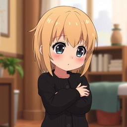 A slightly chubby, shy anime girl with dirty blond hair, wearing a long black cardigan sweater