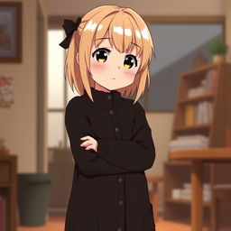 A slightly chubby, shy anime girl with dirty blond hair, wearing a long black cardigan sweater